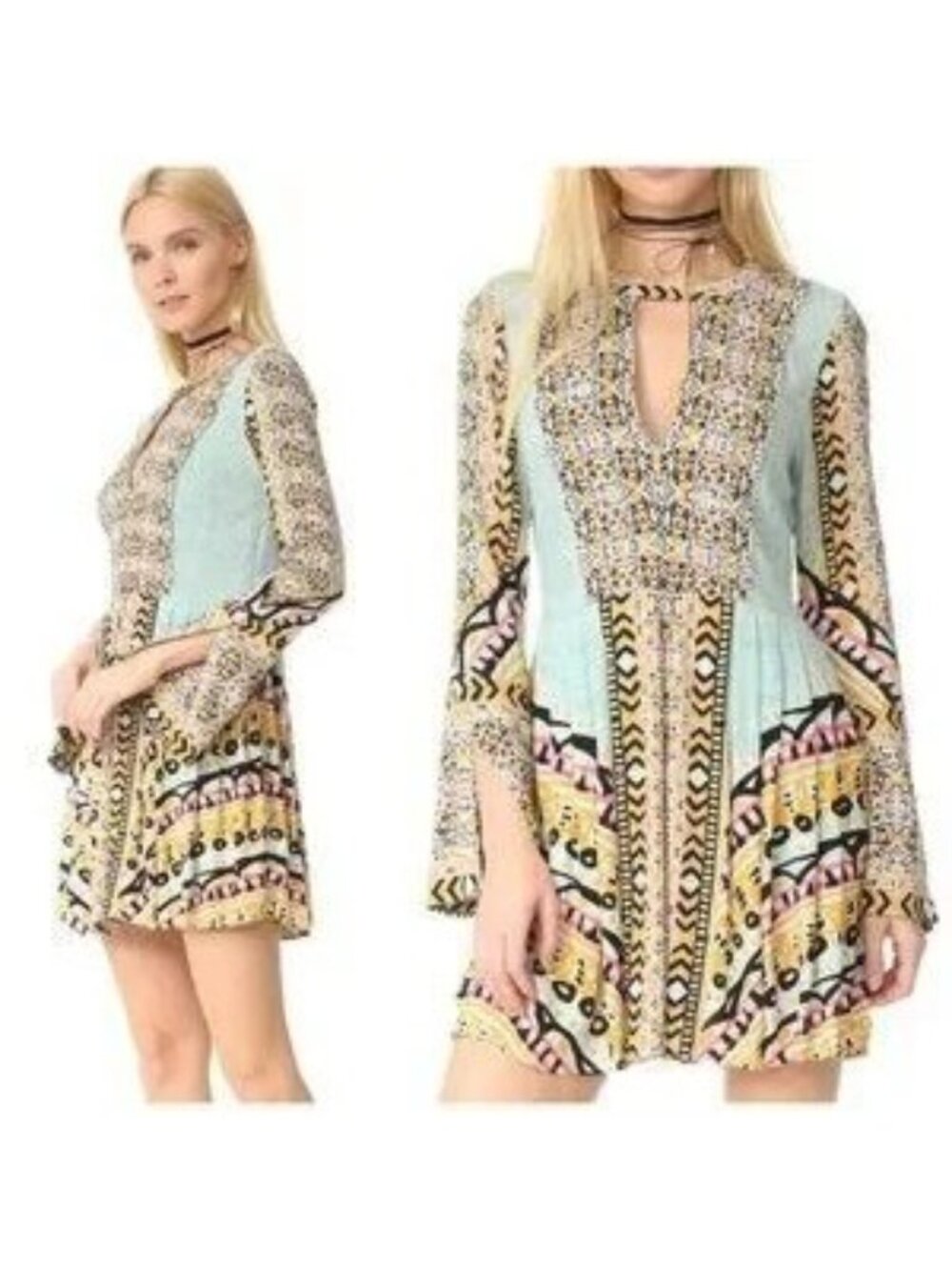 Free People Tegan Blue Borders Keyhole Long Sleeve Mini Dress - Picture 2 of 8